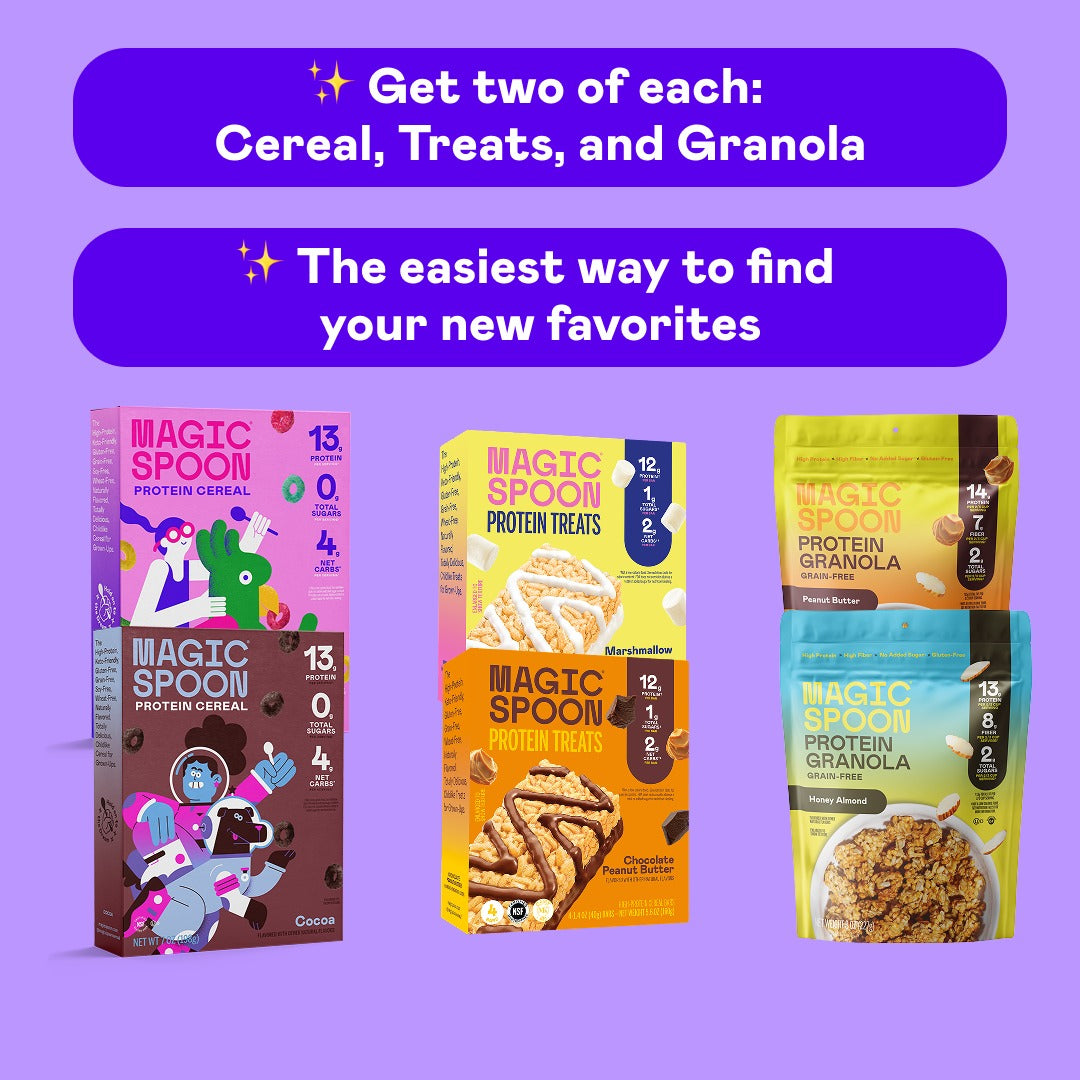Discovery Kit (6 Pack) - 2 Cereals, 2 Treats, 2 Granola - Fruity & Cocoa Cereal, Marshmallow & PB Treats, Honey Almond & PB Granola TTS